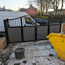 Load image into Gallery viewer, BRAND NEW bi folding gate with composite curved top with bars at the top