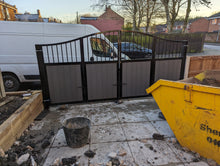 Load image into Gallery viewer, BRAND NEW bi folding gate with composite curved top with bars at the top