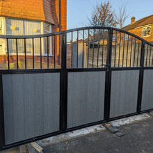 Load image into Gallery viewer, BRAND NEW bi folding gate with composite curved top with bars at the top