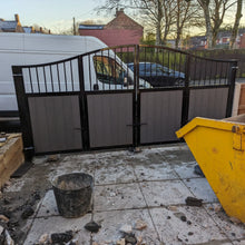 Load image into Gallery viewer, BRAND NEW bi folding gate with composite curved top with bars at the top