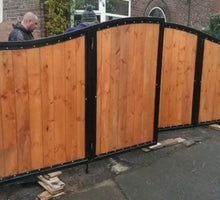 Load image into Gallery viewer, BRAND NEW bi folding gate curved top Iron and wooden gate/steel and timber gate