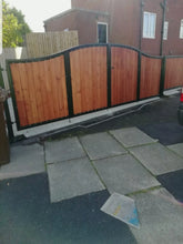 Load image into Gallery viewer, BRAND NEW bi folding gate curved top Iron and wooden gate/steel and timber gate