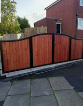 Load image into Gallery viewer, BRAND NEW bi folding gate curved top Iron and wooden gate/steel and timber gate