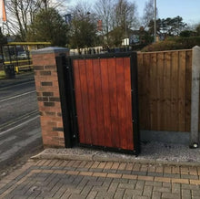 Load image into Gallery viewer, BRAND NEW bi folding Iron and wooden gate. Steel and timber gate. Straight top