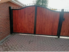 Load image into Gallery viewer, BRAND NEW curved top iron and wooden gate with railheads. Steel and timber gate
