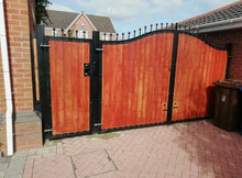 Load image into Gallery viewer, BRAND NEW curved top iron and wooden gate with railheads. Steel and timber gate