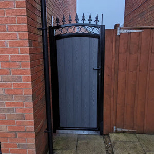 BRAND NEW Tall single Iron and Composite Gate curved top with fitted circles and  spike railheads