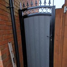 Load image into Gallery viewer, BRAND NEW Tall single Iron and Composite Gate curved top with fitted circles and  spike railheads
