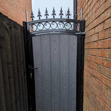 Load image into Gallery viewer, BRAND NEW Tall single Iron and Composite Gate curved top with fitted circles and  spike railheads
