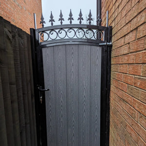BRAND NEW Tall single Iron and Composite Gate curved top with fitted circles and  spike railheads