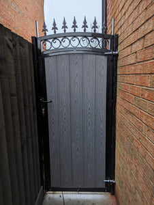 BRAND NEW Side gate, Iron and Composite Gate curved top with fitted circles and  spike railheads