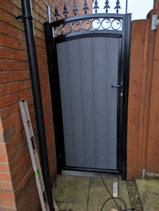 BRAND NEW Tall single Iron and Composite Gate curved top with fitted circles and  spike railheads