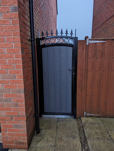 BRAND NEW Side gate, Iron and Composite Gate curved top with fitted circles and  spike railheads