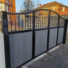 Load image into Gallery viewer, BRAND NEW bi folding gate with composite curved top with bars at the top
