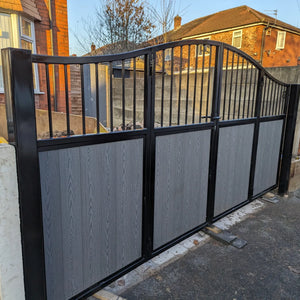 BRAND NEW bi folding gate with composite curved top with bars at the top