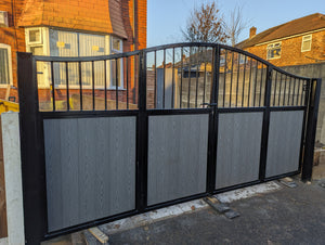 BRAND NEW bi folding gate with composite curved top with bars at the top