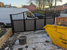 Load image into Gallery viewer, BRAND NEW bi folding gate with composite curved top with bars at the top

