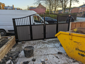 BRAND NEW bi folding gate with composite curved top with bars at the top