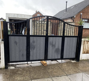 BRAND NEW bi folding gate with composite curved top with bars at the top