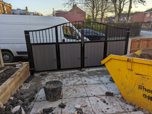 BRAND NEW bi folding gate with composite curved top with bars at the top