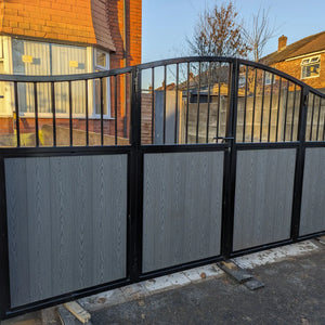BRAND NEW bi folding gate with composite curved top with bars at the top