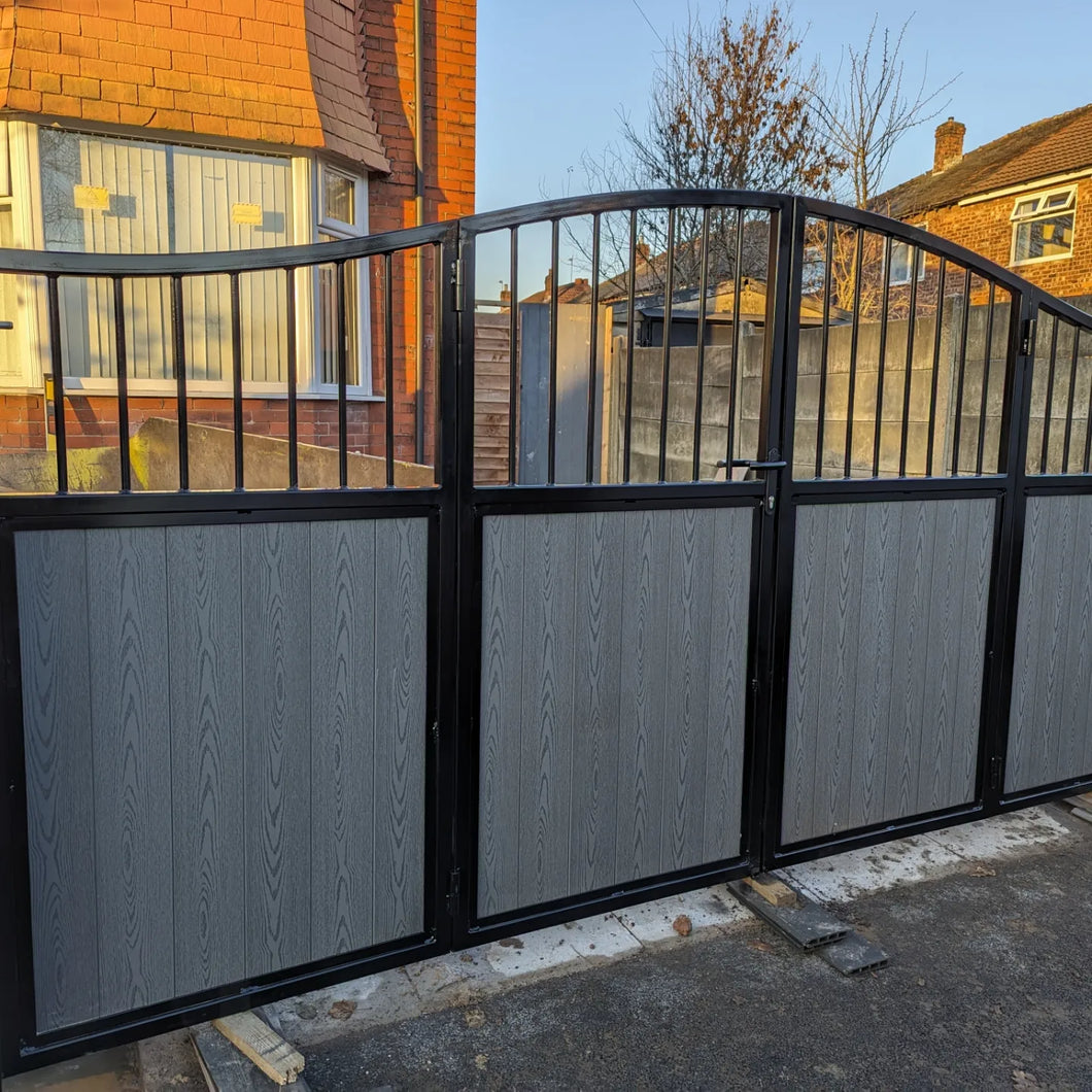 BRAND NEW bi folding gate with composite curved top with bars at the top
