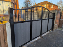 Load image into Gallery viewer, BRAND NEW bi folding gate with composite curved top with bars at the top
