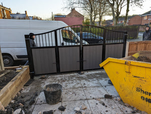 BRAND NEW bi folding gate with composite curved top with bars at the top