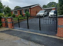 Load image into Gallery viewer, BRAND NEW bi folding curved top Iron Gate with c scrolls bushes and railheads
