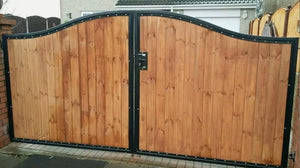 BRAND NEW curved top Iron and wooden gate. Steel and timber gate