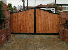 Load image into Gallery viewer, BRAND NEW curved top Iron and wooden gate. Steel and timber gate
