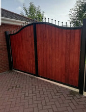 Load image into Gallery viewer, BRAND NEW curved top iron and wooden gate with railheads. Steel and timber gate
