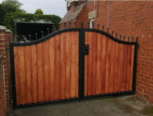 BRAND NEW curved top Iron and wooden gate. Steel and timber gate