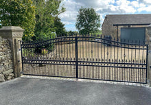 Load image into Gallery viewer, BRAND NEW bi folding curved top Iron Gate with forged circles and railheads
