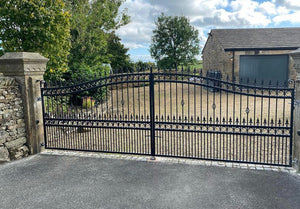 BRAND NEW bi folding curved top Iron Gate with forged circles and railheads