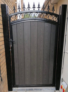 BRAND NEW Tall single Iron and Composite Gate curved top with fitted circles and  spike railheads